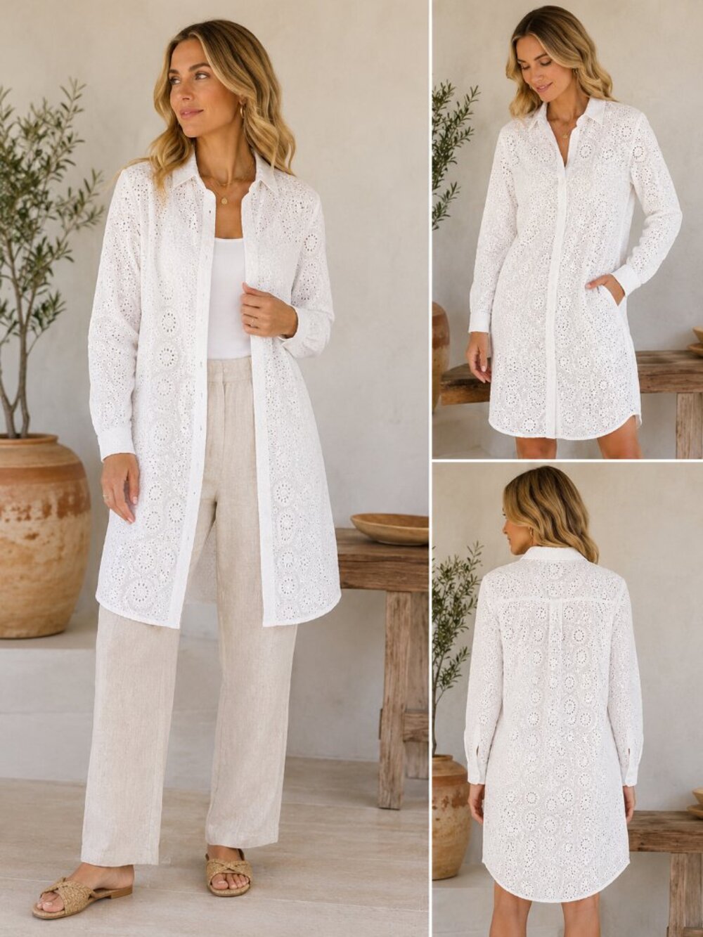 Johnny Was White Eyelet Embroidered Beach Cover Up Duster M